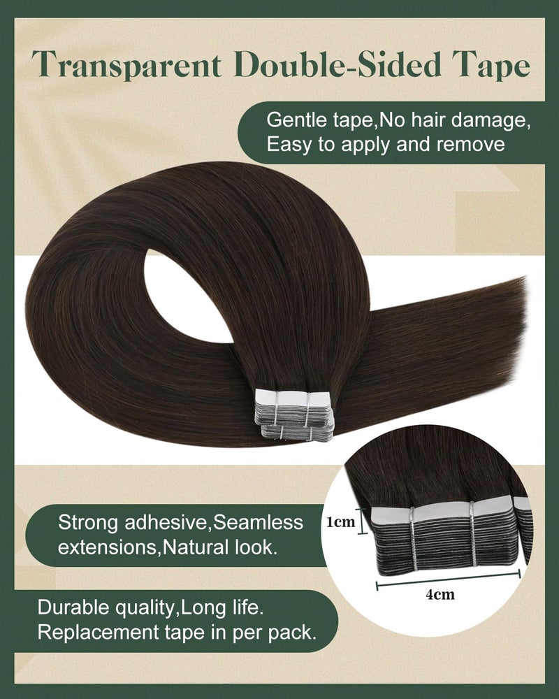Ugeat Tape in Hair Extensions Human Hair Dark Brown Seamless Invisible Tape in Hair Extensions Brown Color Lightweight Straight Long Real Remy Human Hair for Girl Party Wear 22Inch 20Pcs 50G - Image 3